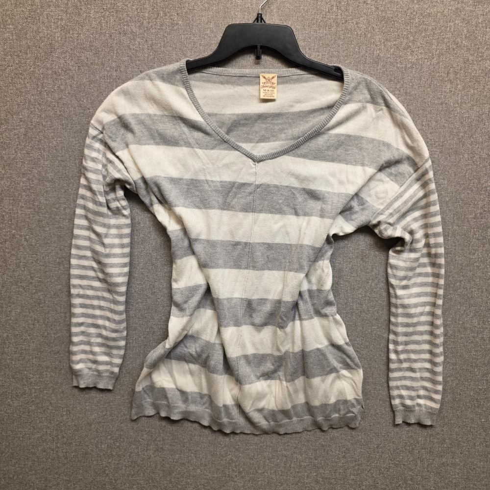 Faded Glory Womens Grey White Striped V-Neck Sweater Size M 8-10 FGL46363ST